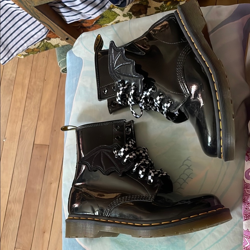 Dr. Martens Black Patent Boots with Checkered Laces